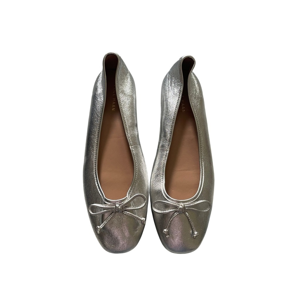 Metallic Silver Ballet Flats Bow Almond Toe Size 9.5B Cole Haan
